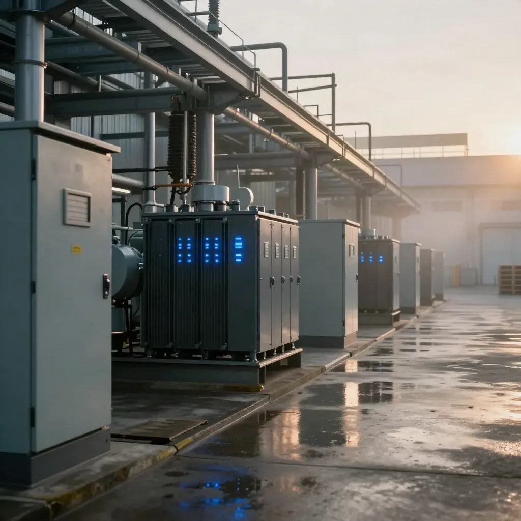 Moody factory electrical corridor with switchgear, battery rack, and dawn mist