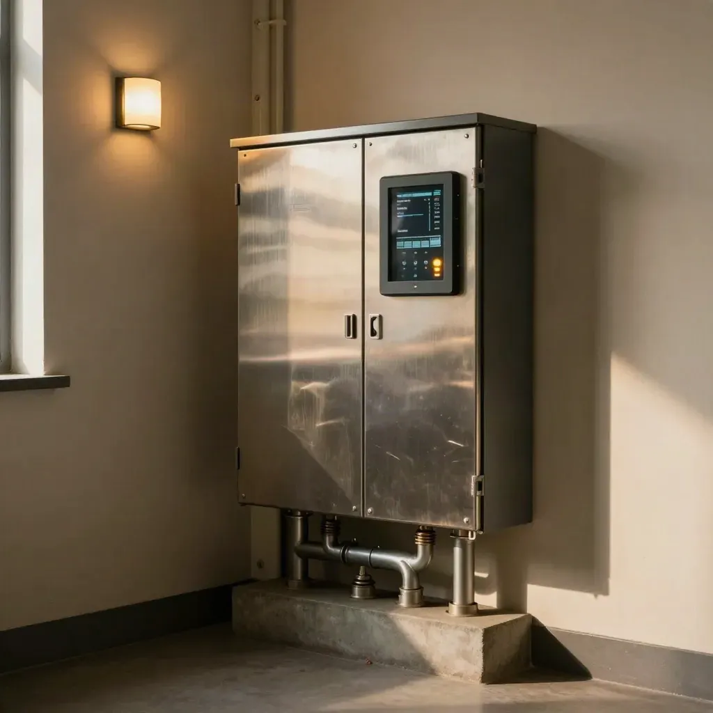 Utility room meter bank and service cabinet in warm late-afternoon light