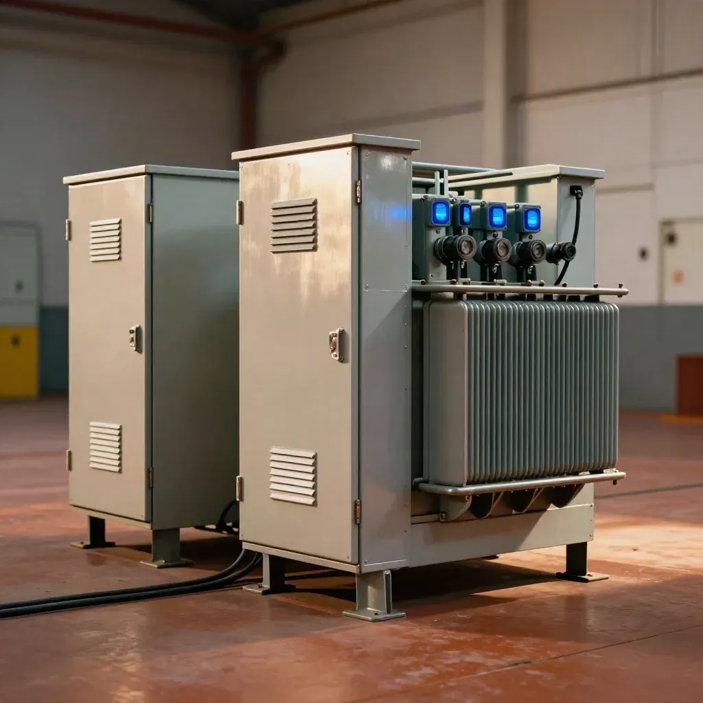 Transformer, panelboard, and starter cabinets in a moody industrial utility room with blue rim light.